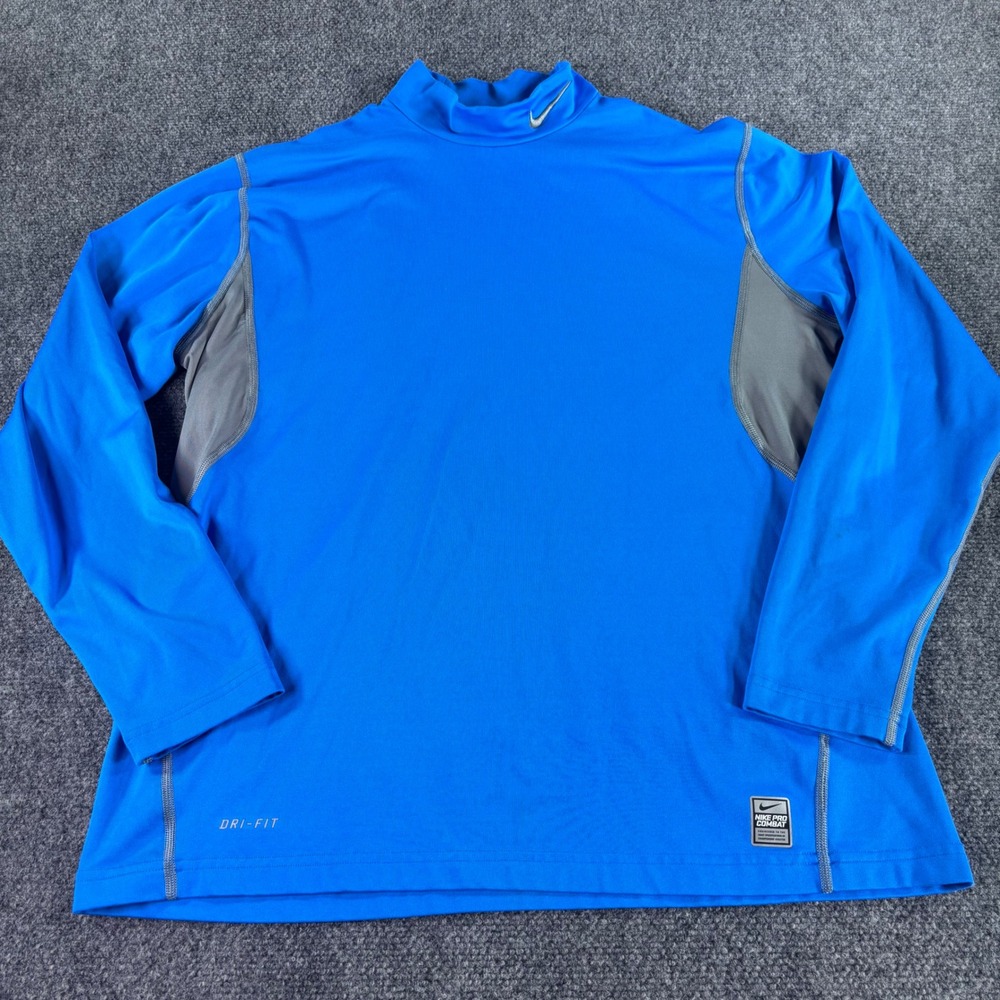 Nike Pro Combat Shirt Mens XL Blue Dri-FIT Long Sleeve Mock Neck Fitted Athletic